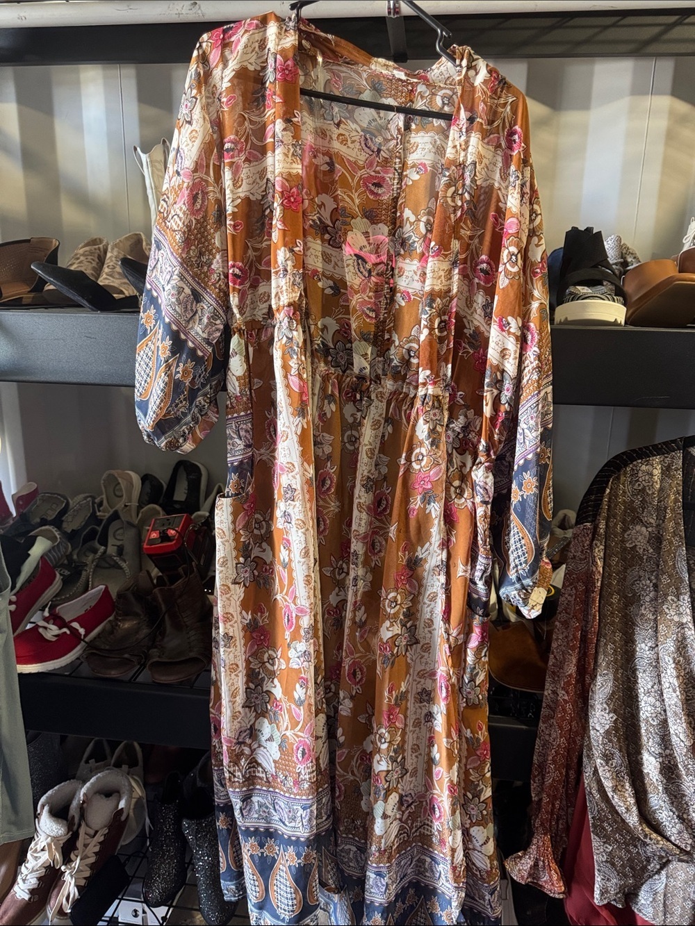 Umgee Rust Floral Trench Coat with Pink & Cream Accents